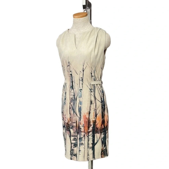 Lavand Dress Sheath Tan Sleeveless Tree Print Watercolor Size Medium - Picture 2 of 16